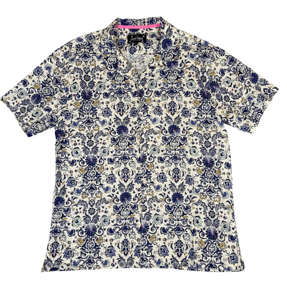 Good Vibes Drill Clothing Co Blue Floral Damask Short Sleeve Button Down Shirt L